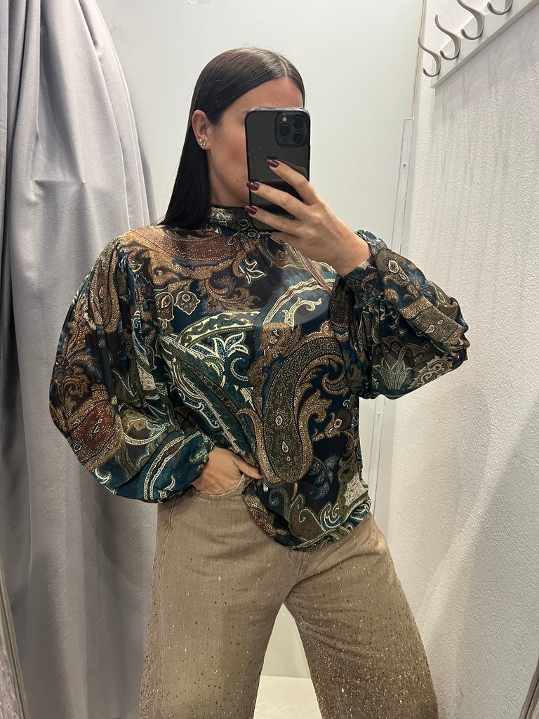 LUMINA•Camicia ampia stampa cashmere verde