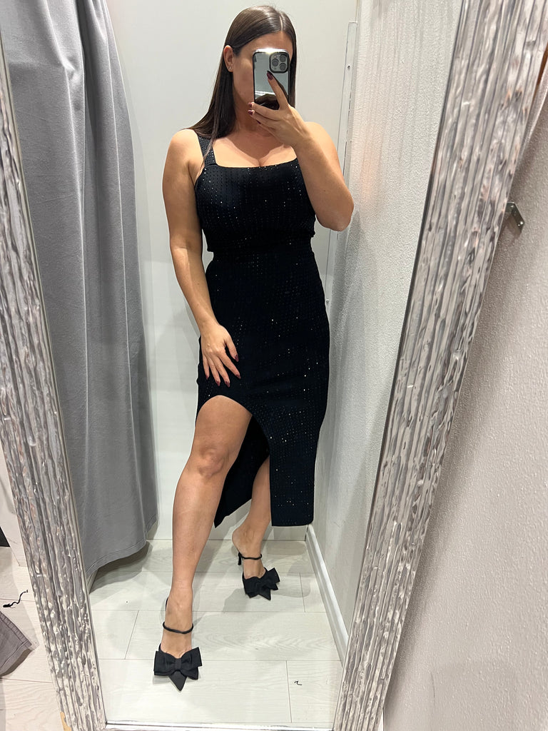 KONTATTO•Coordinato microstrass top scollo quadro e gonna spacco