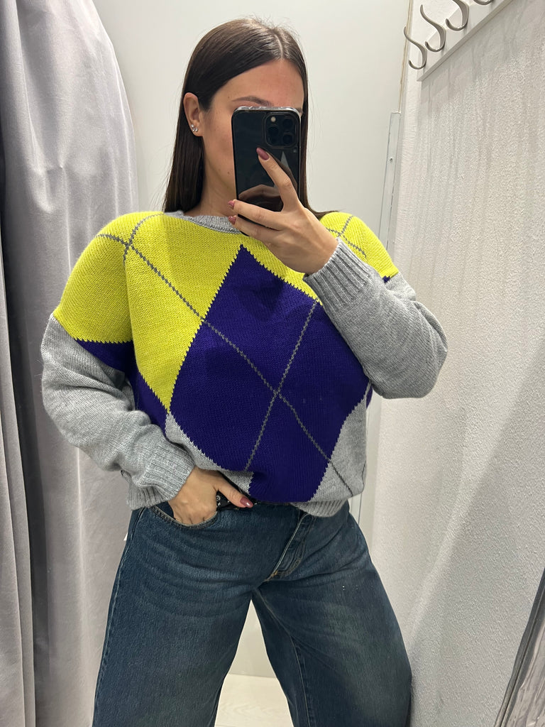 HaveOne•Maglione rombi grigio/viola/lime