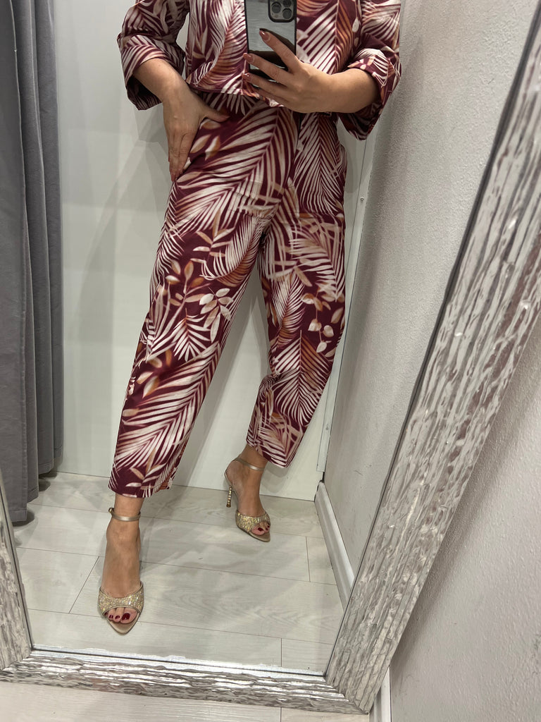 MSS💥ViCOLO•Pantalone basic stampa foglie bordeaux