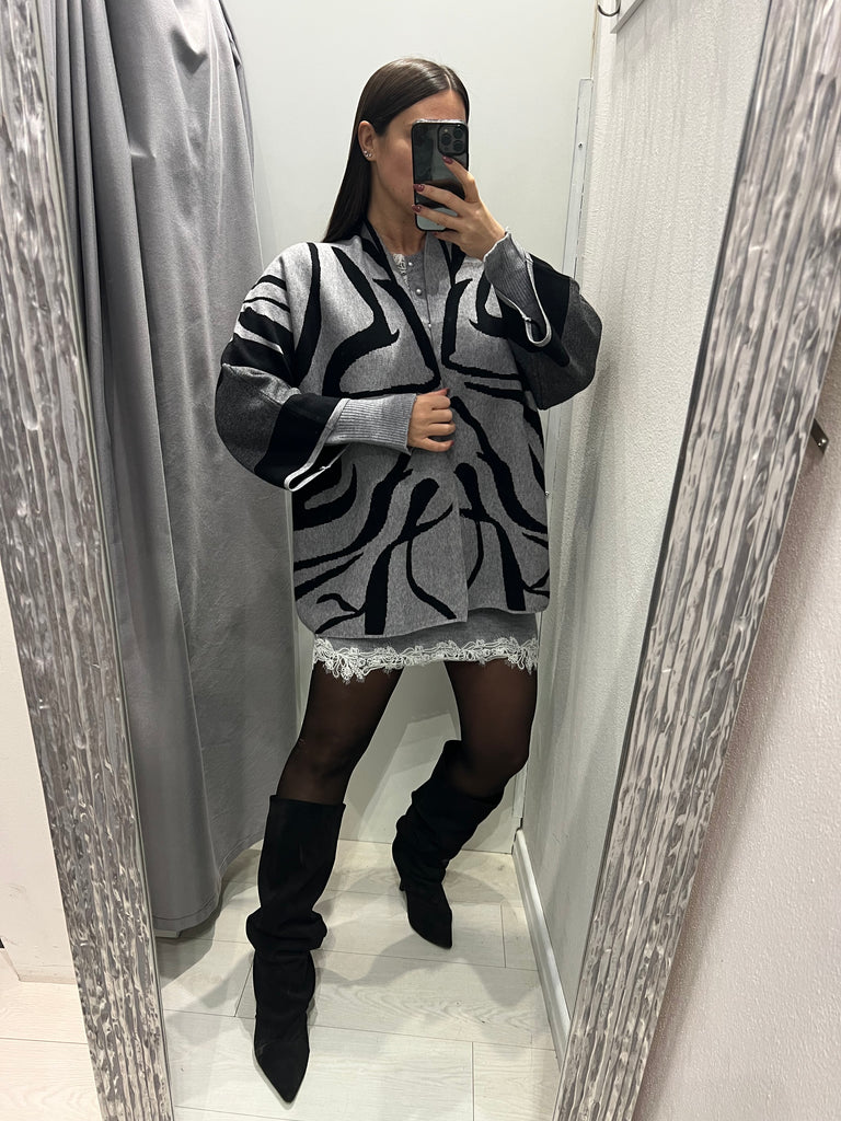 BLK30 Susy Star•Cardigan kimono stampa zebrata grigio/nero