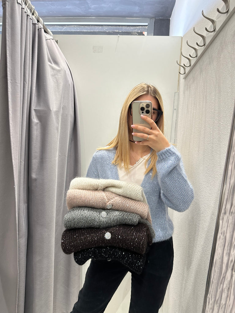 Angela Davis•Cardigan micropailletes bottoni gioiello•Più colori