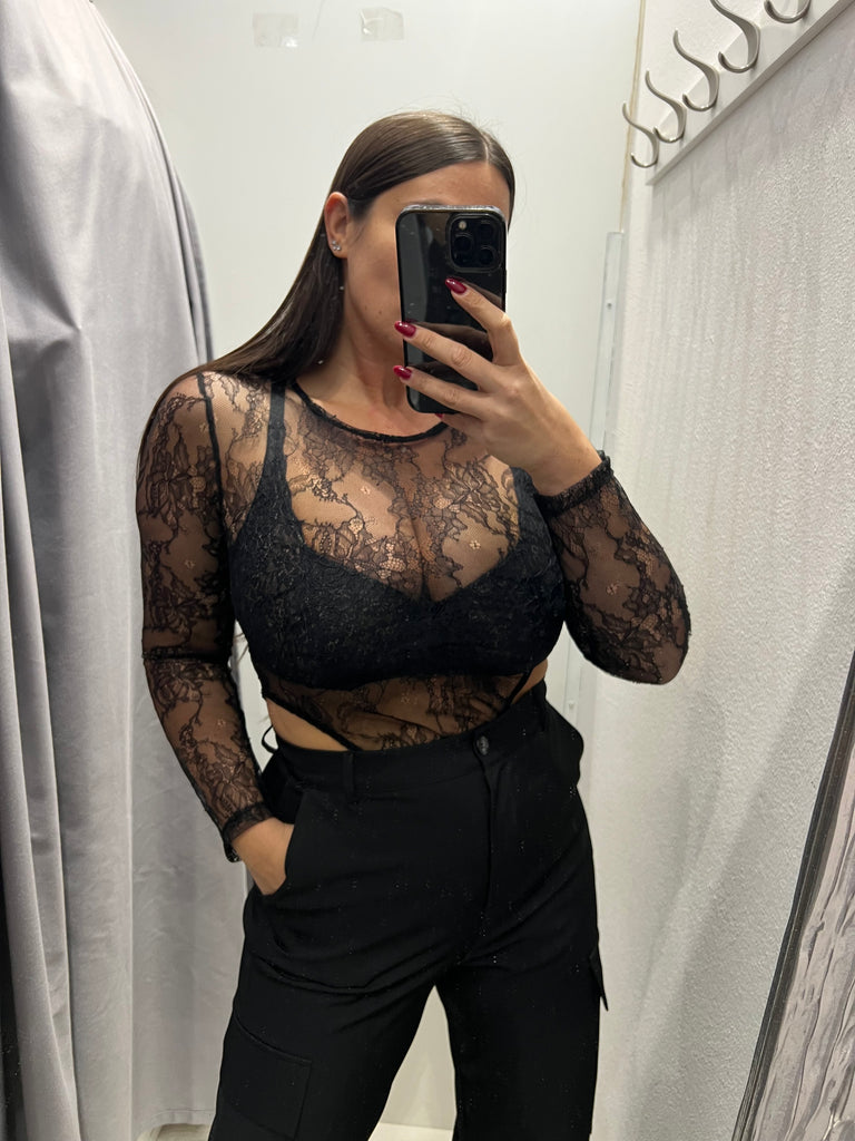 HaveOne•Maglia t-shirt crop+body pizzo