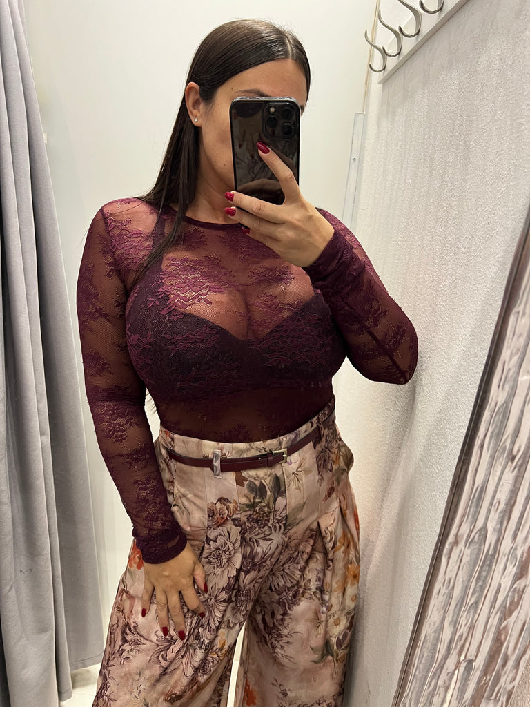 KONTATTO•Maglia amarone bordeaux in pizzo elasticizzato