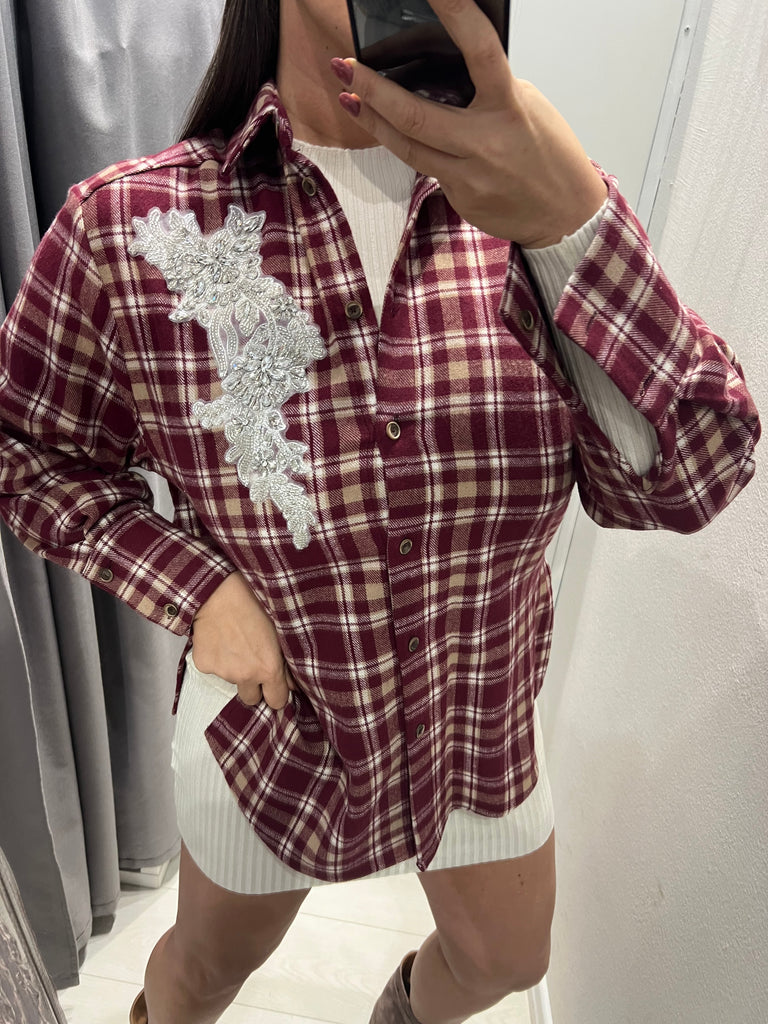HaveOne•Camicia check in flanella bordeaux cabochon strass