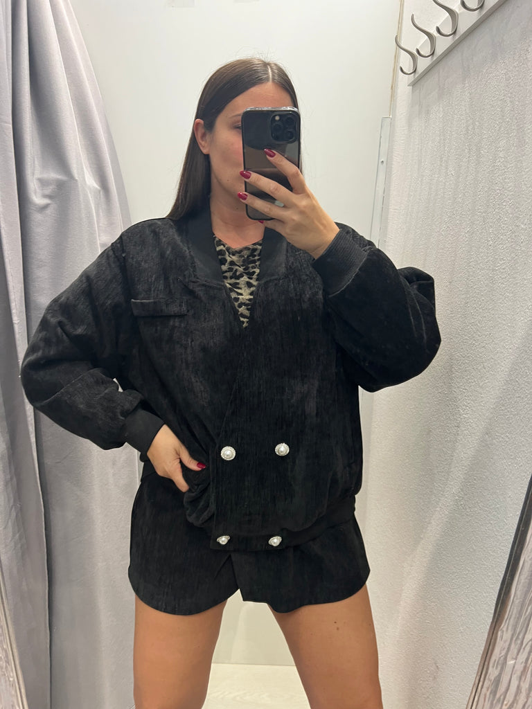 LUMINA•Bomber trapuntato nero velluto bottoni gioiello•Più colori