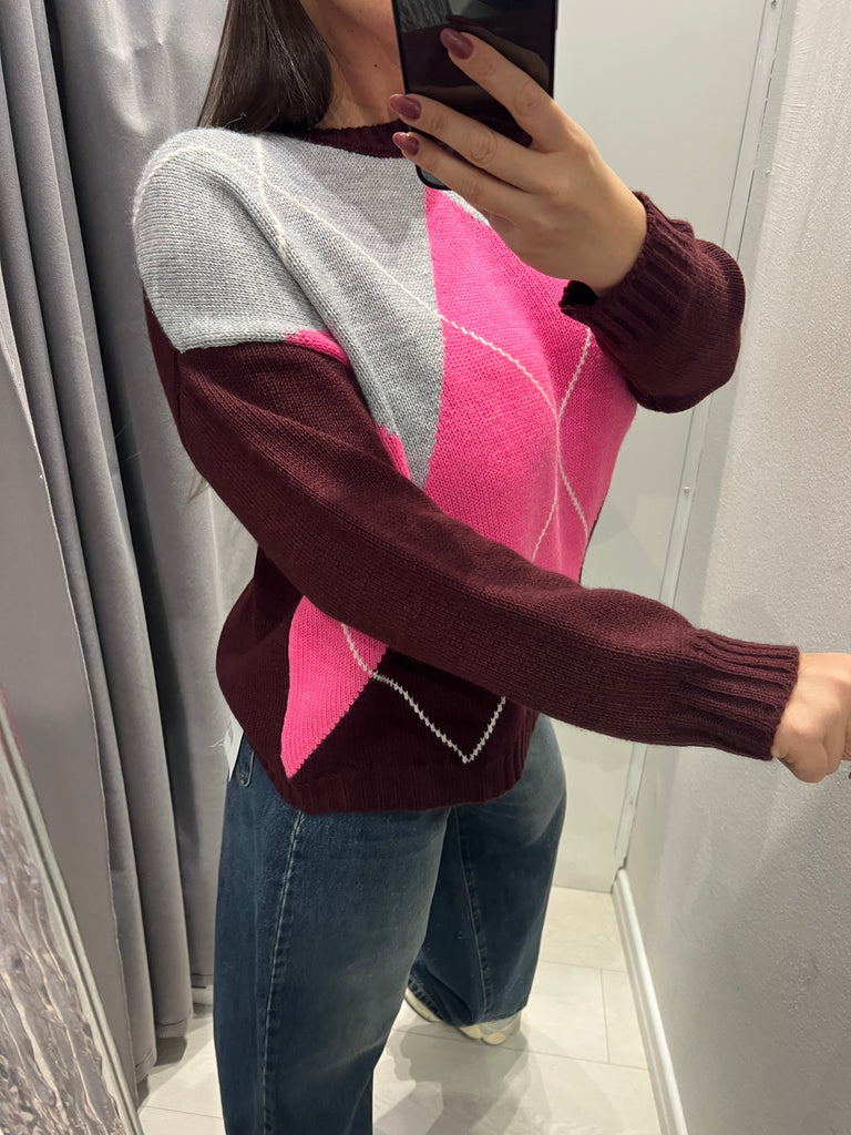 HaveOne•Maglione rombi bordeaux/fuxia fluo/grigio