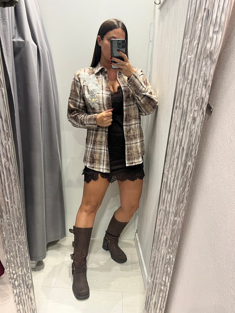 HaveOne•Camicia check in flanella beige/moro cabochon strass