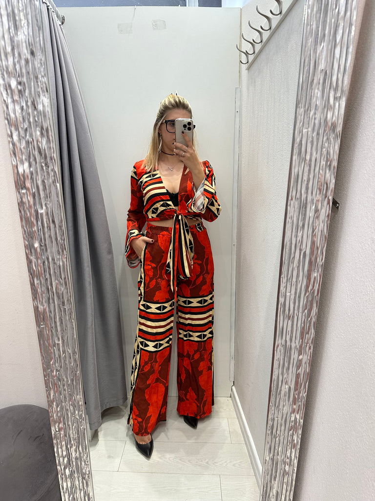 MSS💥HaveOne•Camicia crop nodo stampa etnica rossa