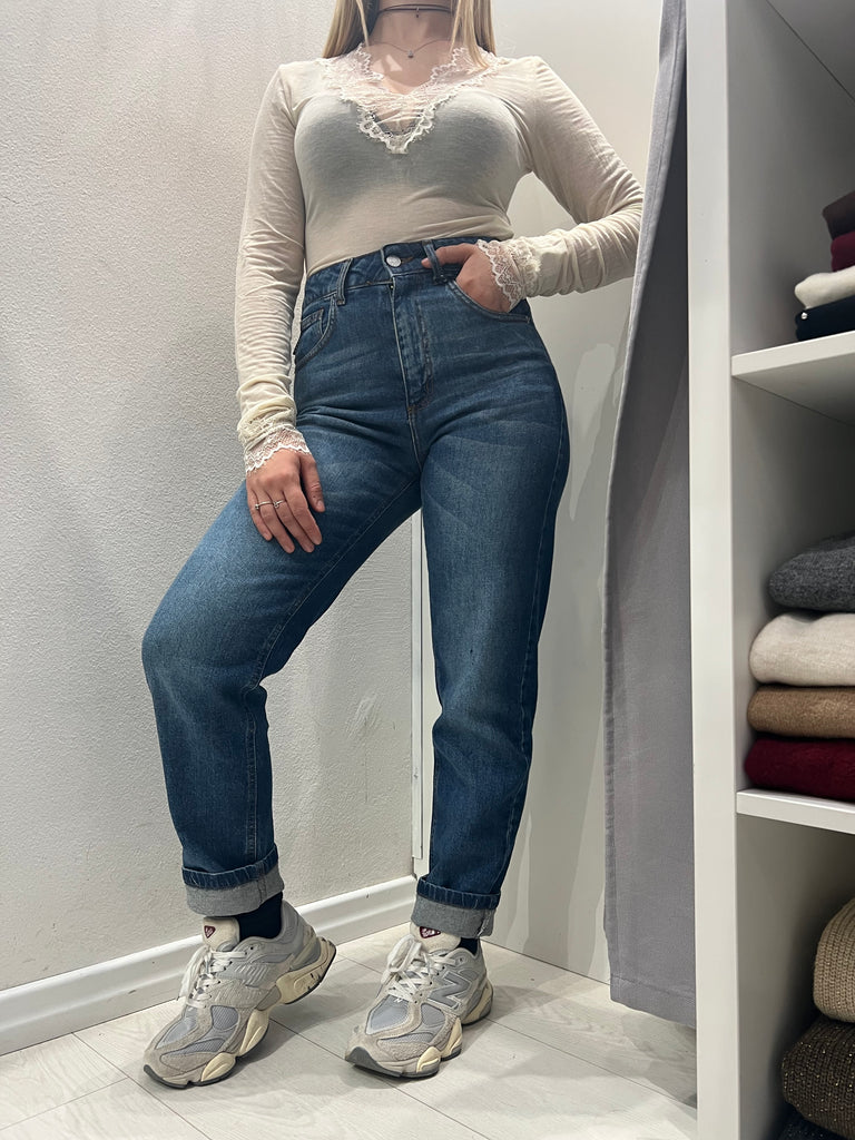 LUMINA•Maglia crema cashmere touch scollo V pizzo