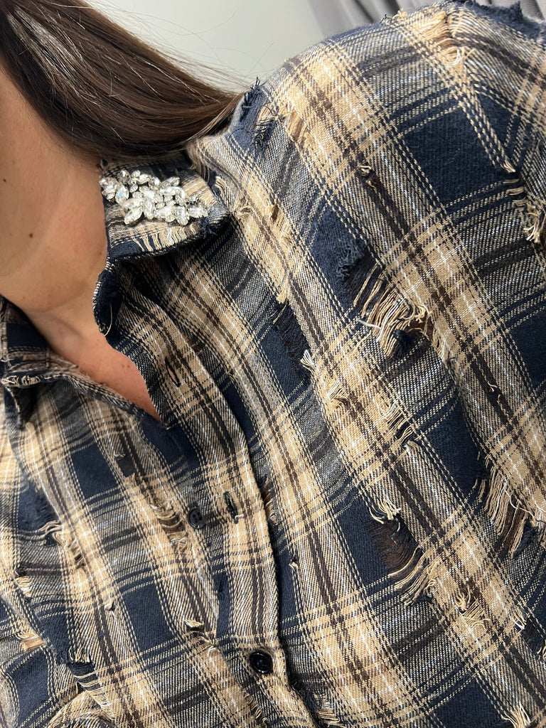 ViCOLO•Camicia crop flanella rotture e strass
