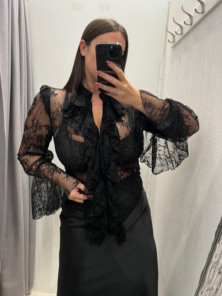 💚IMPERIAL•Camicia nera pizzo rouches