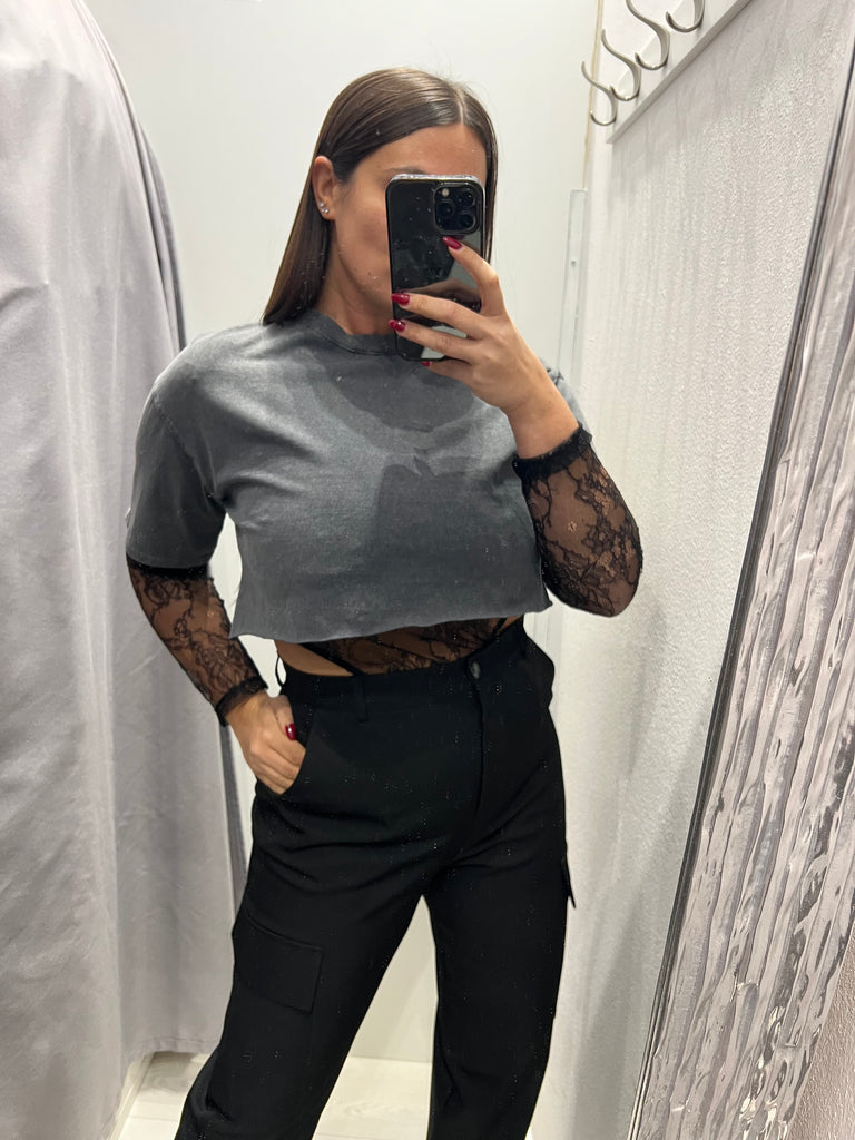 HaveOne•Maglia t-shirt crop+body pizzo