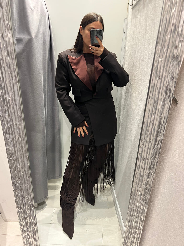 BLK30 LUMINA•Giacca crop moro inserti raso