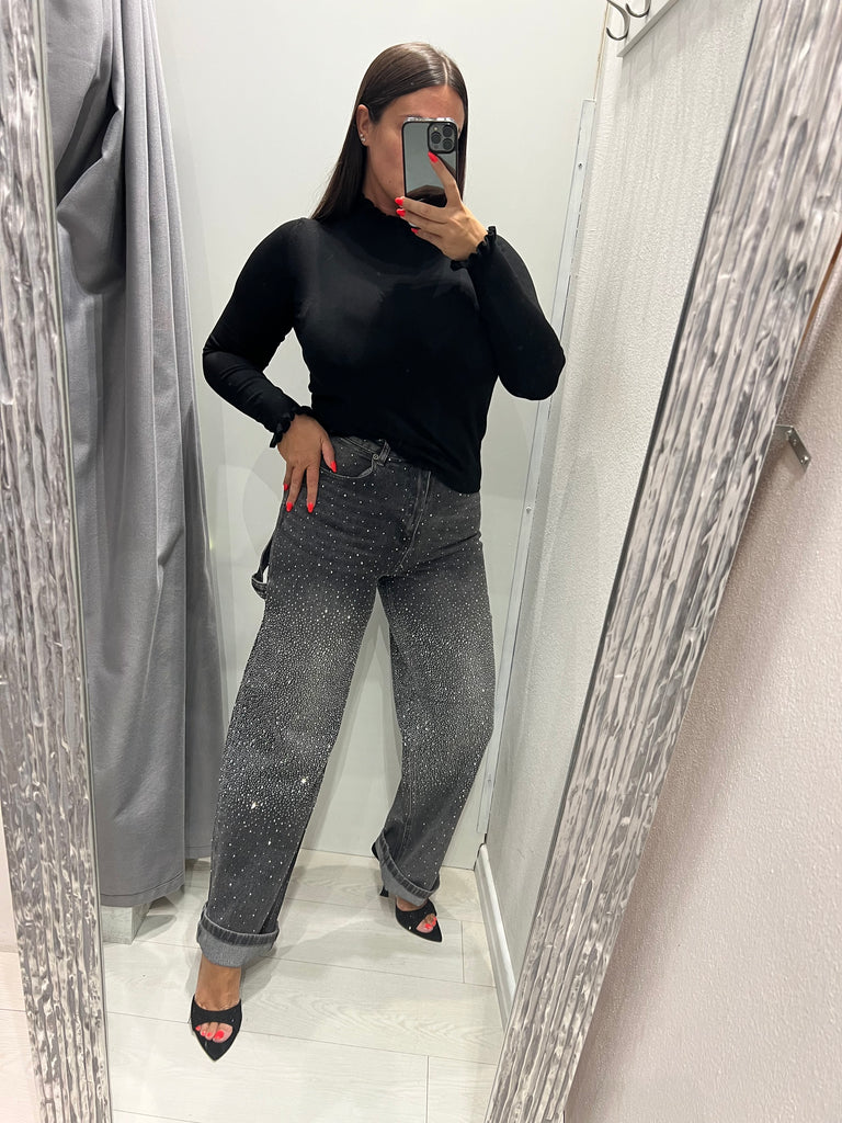 KONTATTO•Jeans worker nero slavato strass