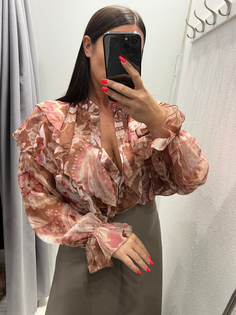 KONTATTO•Camicia rouches fantasia beige/malva