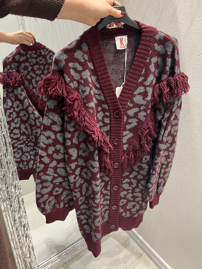 KONTATTO•Cardigan frangette maculato bordeaux/grigio