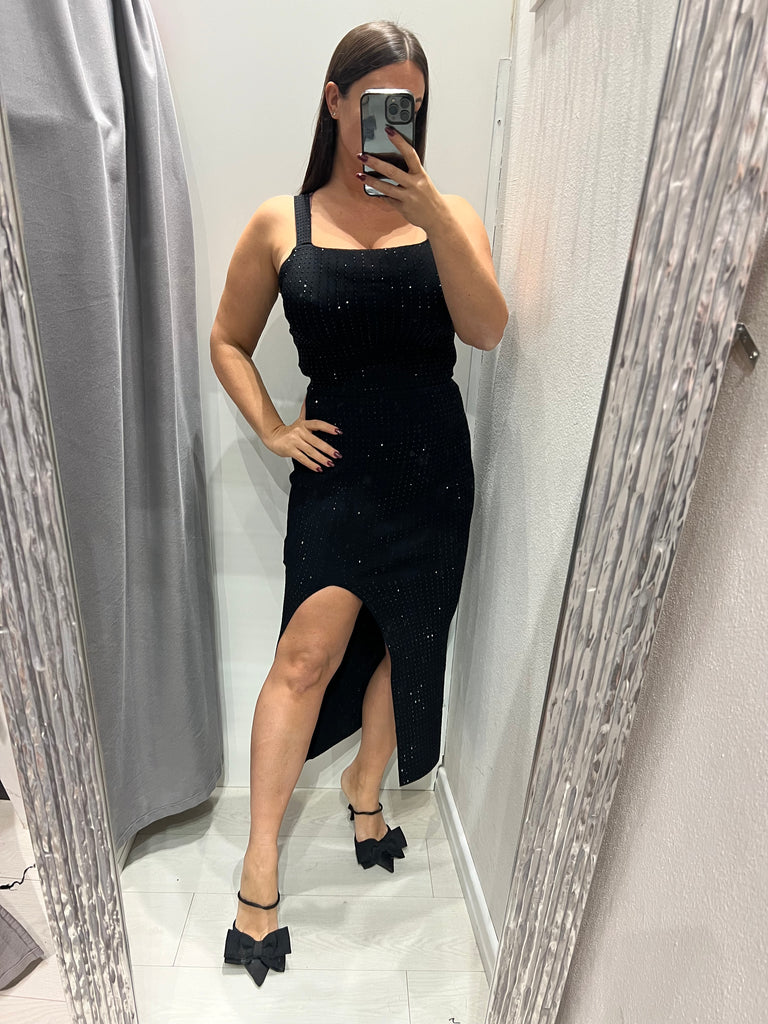 KONTATTO•Coordinato microstrass top scollo quadro e gonna spacco