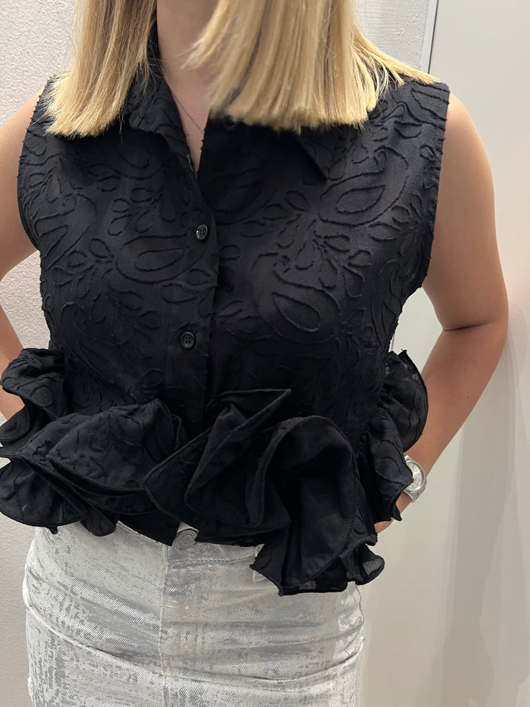 🚨HaveOne•Camicia crop smanicata volant•Nero