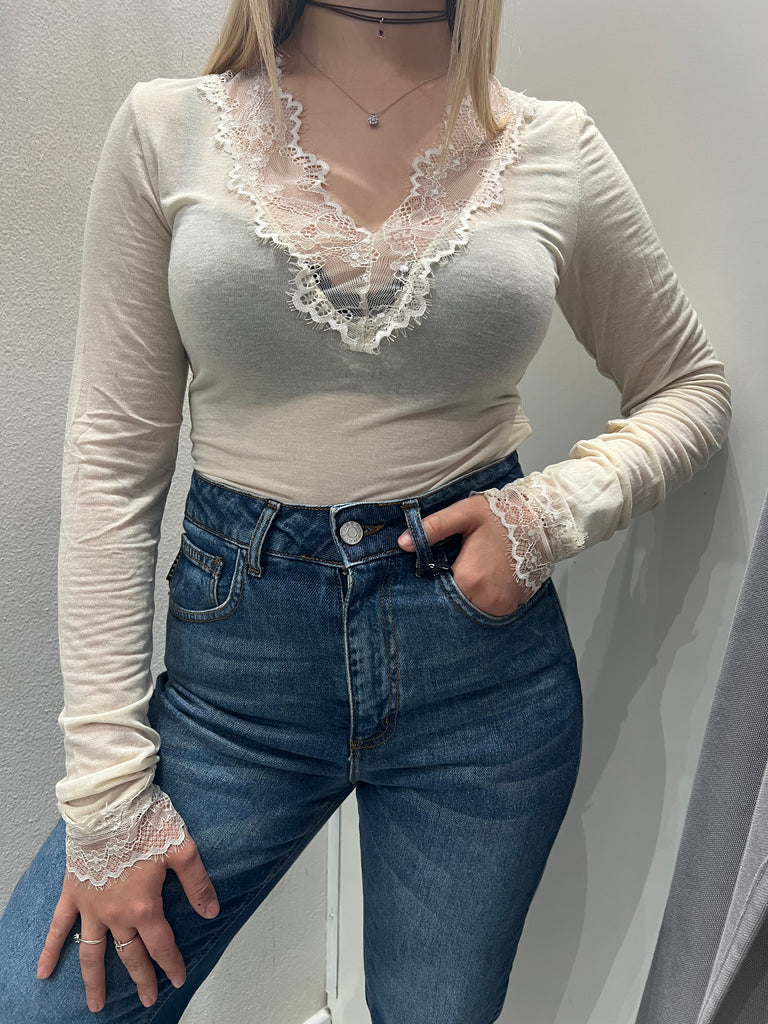 LUMINA•Maglia crema cashmere touch scollo V pizzo