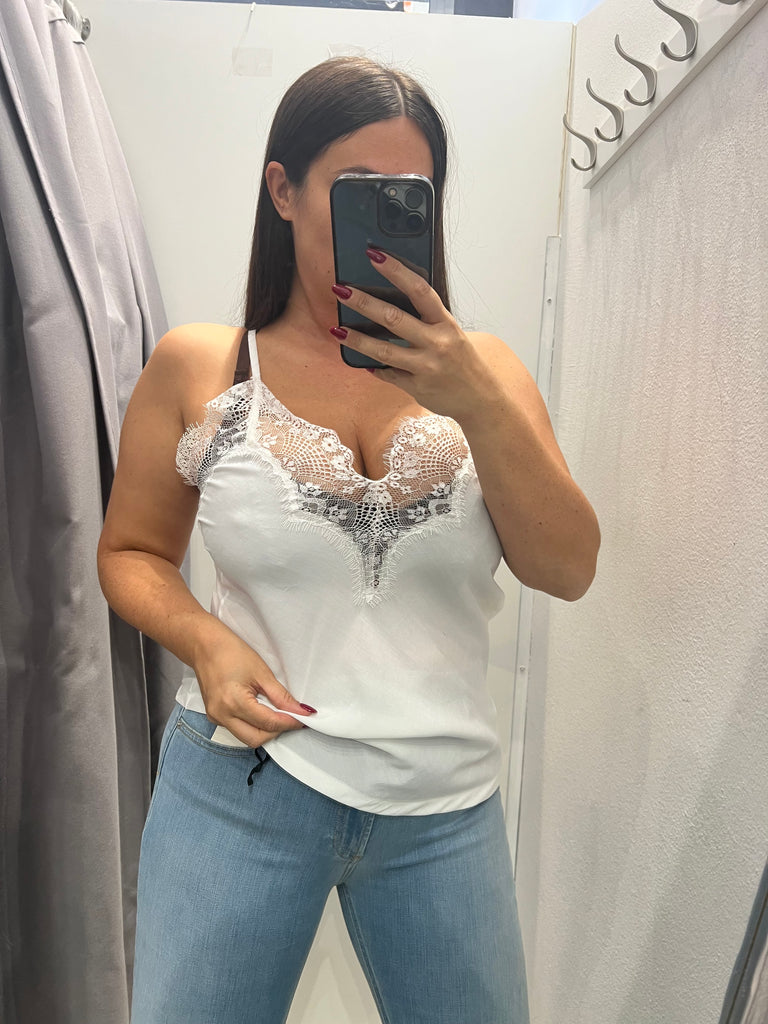 HaveOne•Canotta spallini con pizzo•Bianco