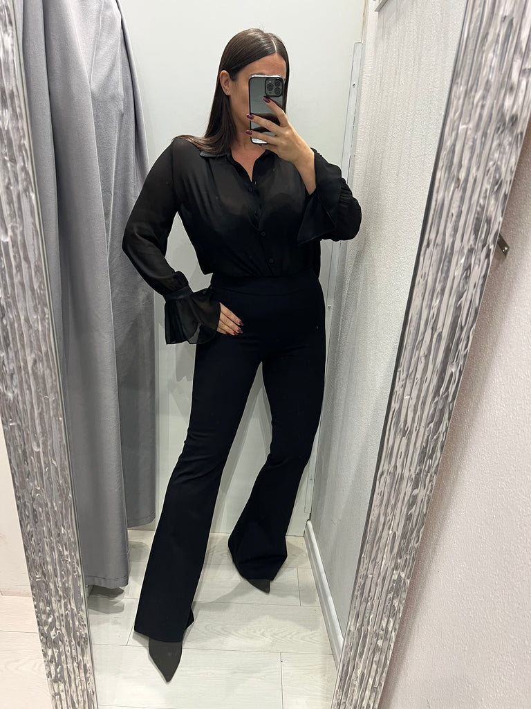 HaveOne•Camicia nera velata dettagli raso