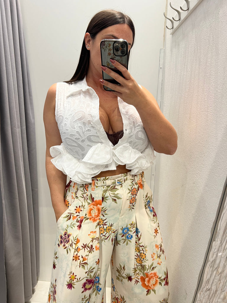 HaveOne•Camicia crop smanicata rouches•Bianco