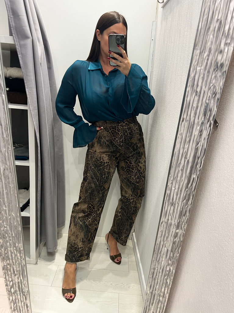 Souvenir•Pantalone in vellutino stampa cashmere e maculata