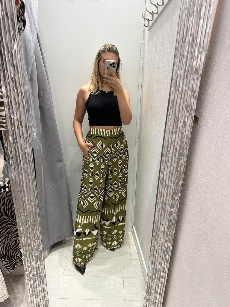 MSS💥HaveOne•Pantalone palazzo stampa etnica verde olio