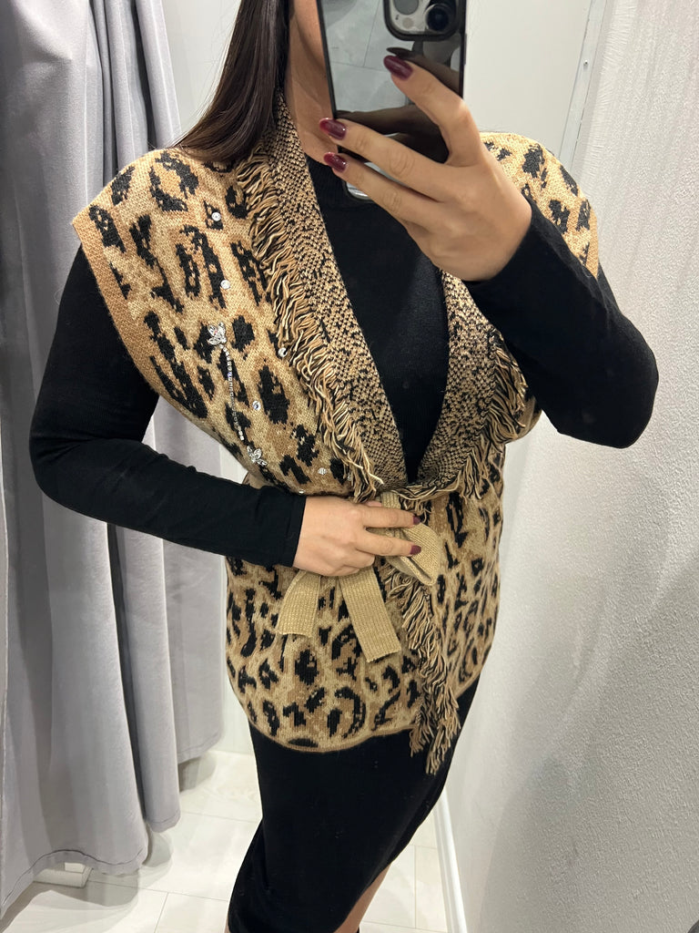 HaveOne•Cardigan smanicato maculato strass