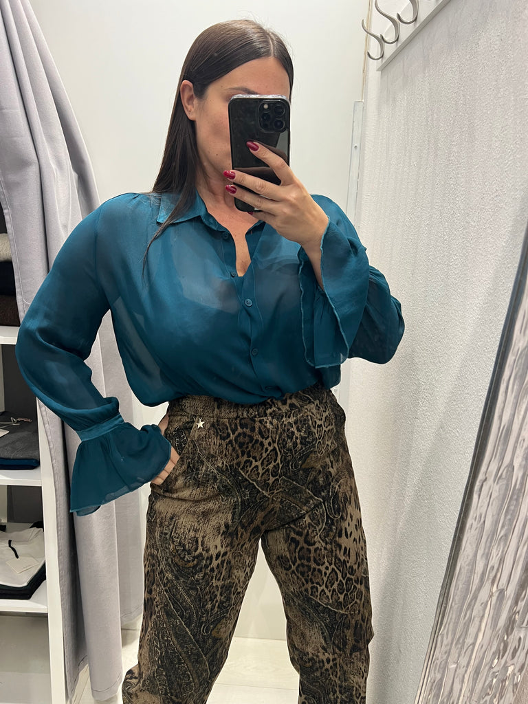 HaveOne•Camicia ottanio velata dettagli raso