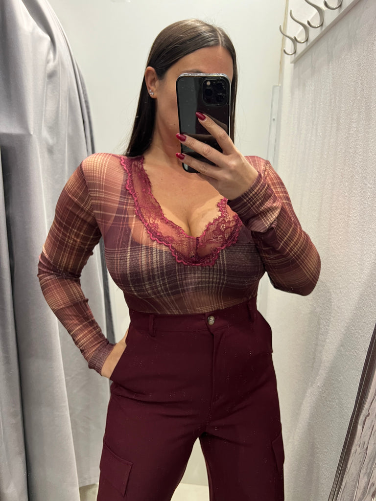 LUMINA•Body scollo v pizzo check bordeaux/zucca/beige
