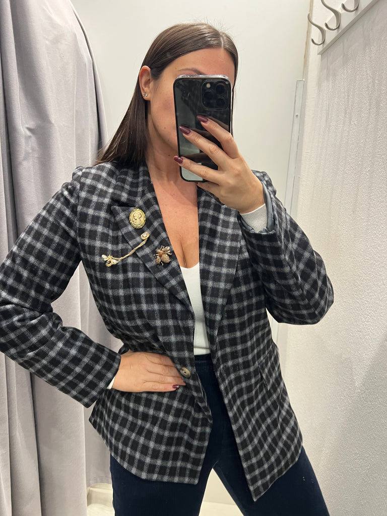 ViCOLO•Giacca con spille check blu riga bordeaux