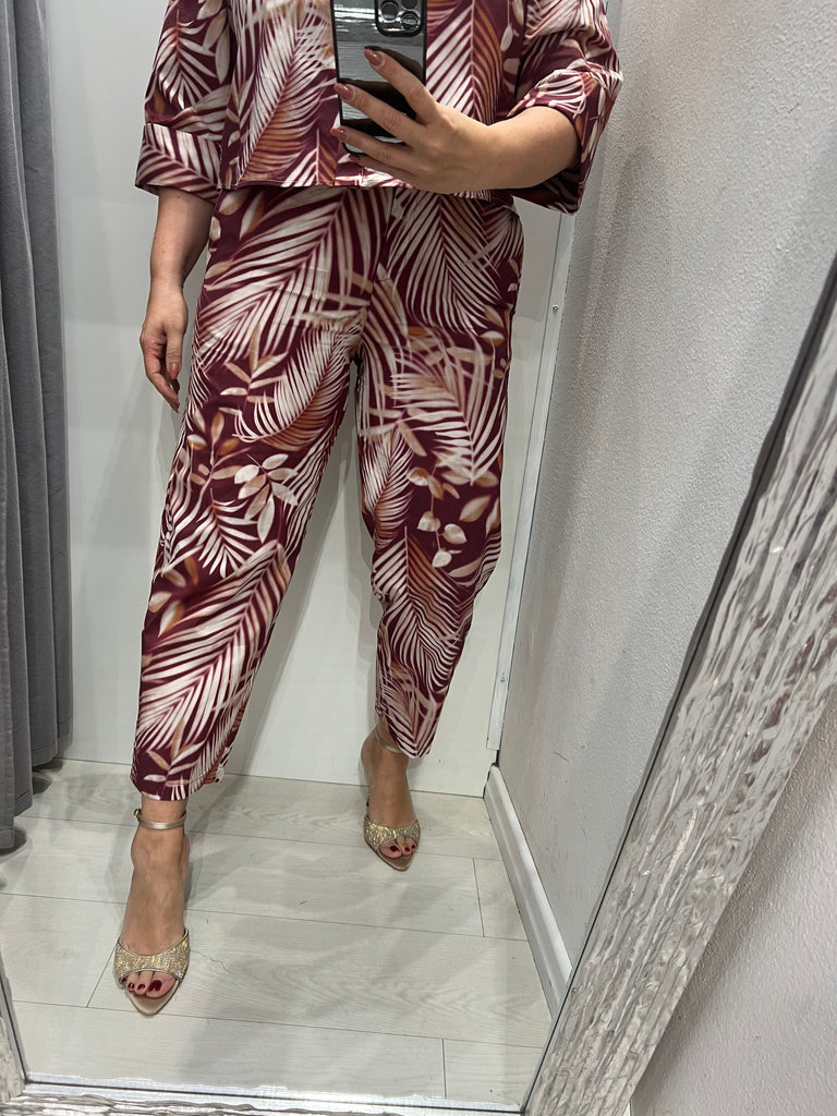 MSS💥ViCOLO•Pantalone basic stampa foglie bordeaux