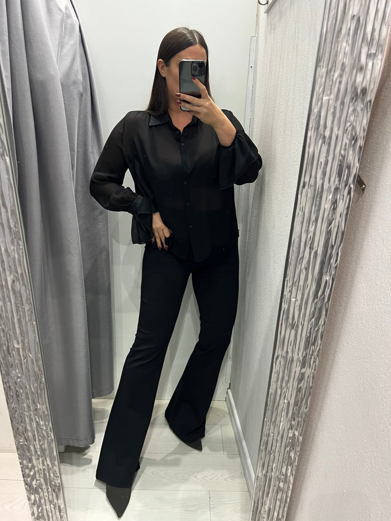 HaveOne•Camicia nera velata dettagli raso