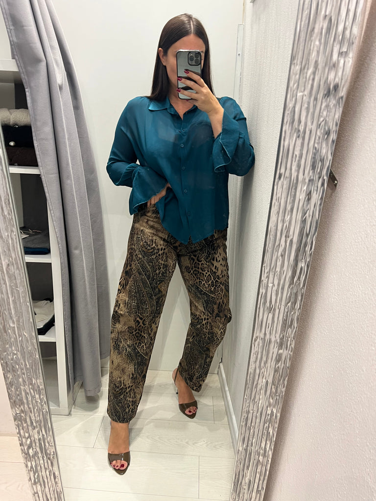 Souvenir•Pantalone in vellutino stampa cashmere e maculata