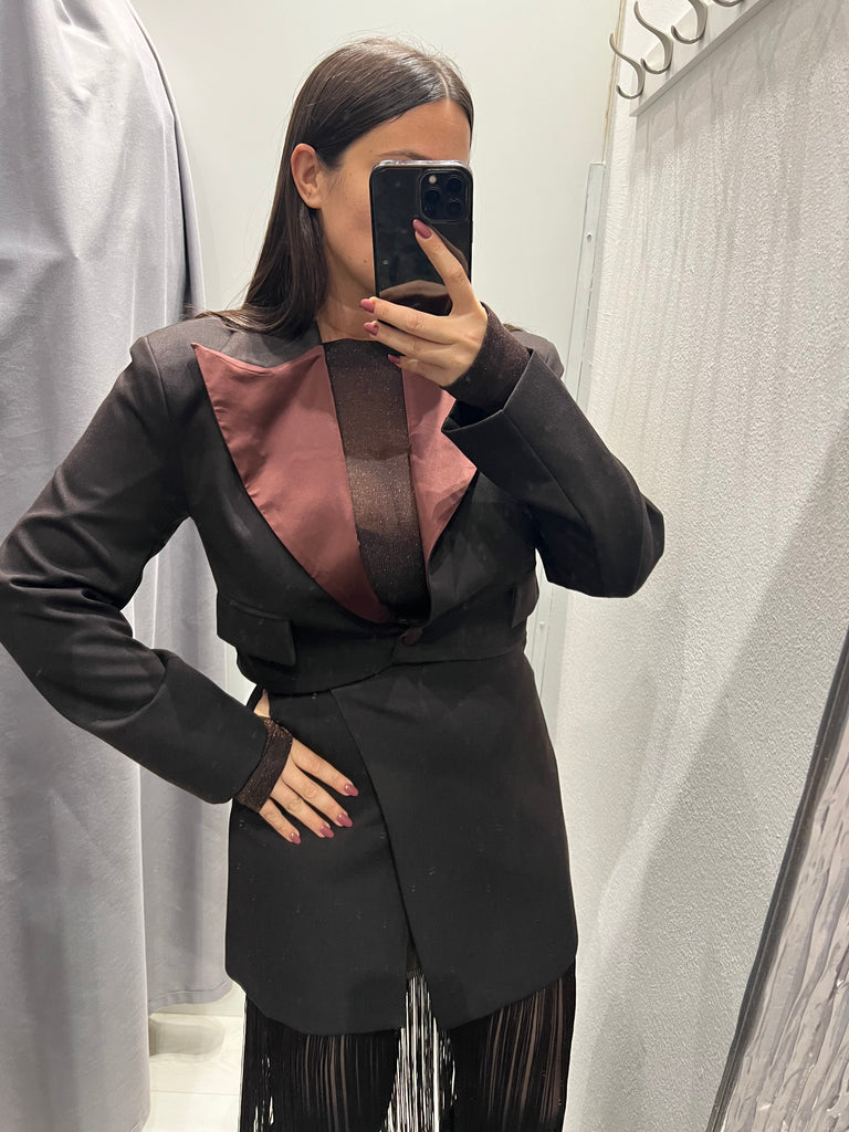 BLK30 LUMINA•Giacca crop moro inserti raso