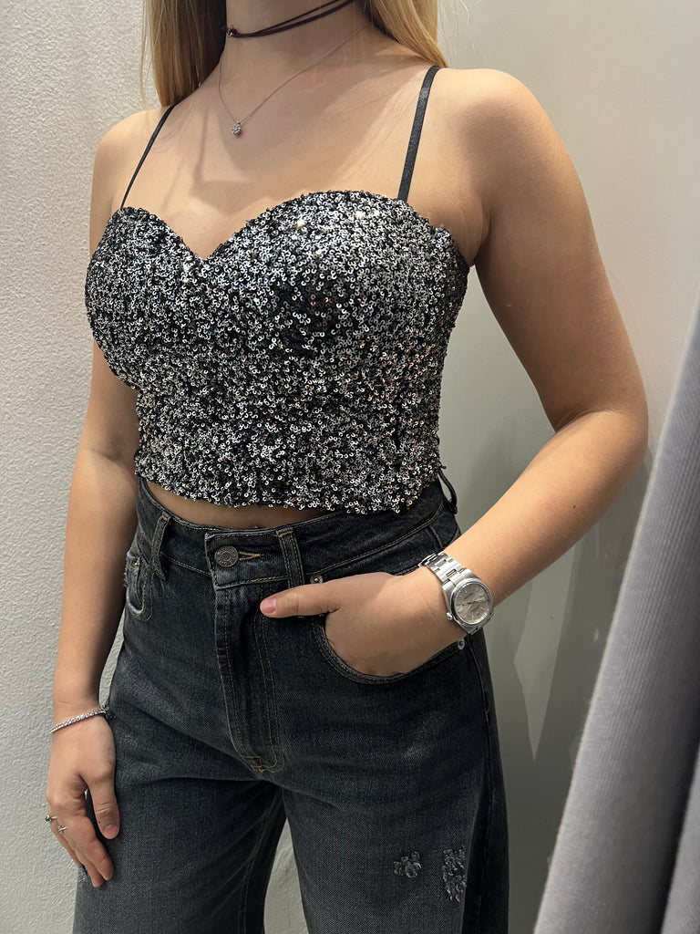 KONTATTO•Top bustino paillettes argento spallini regolabili