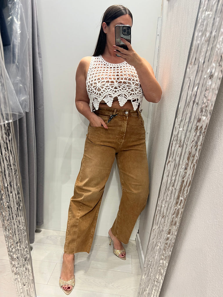 HaveOne•Top crop bianco crochet