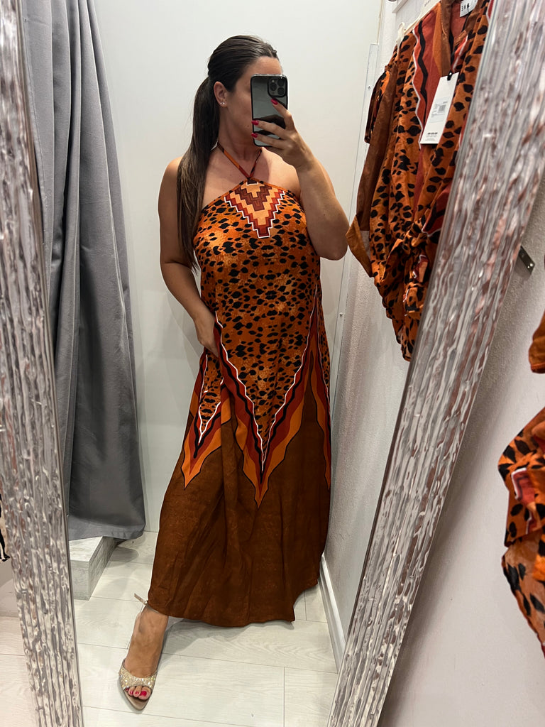 MSS💥HaveOne•Abito viscosa stampa tiger arancio