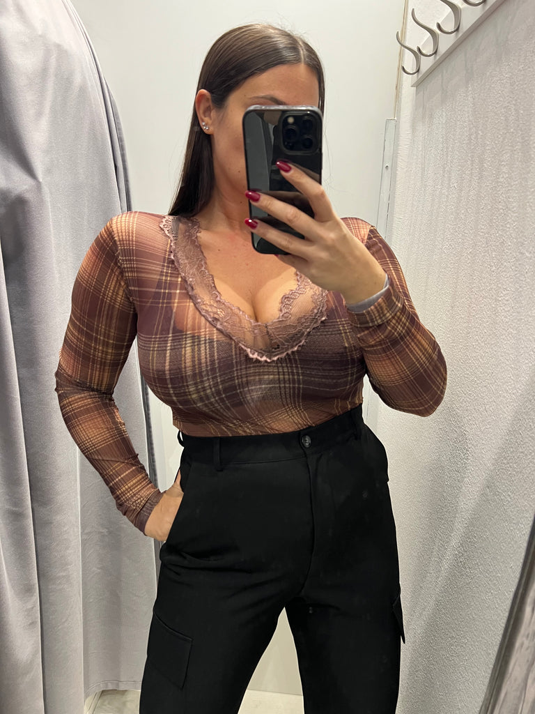 LUMINA•Body scollo v pizzo check mogano/ocra