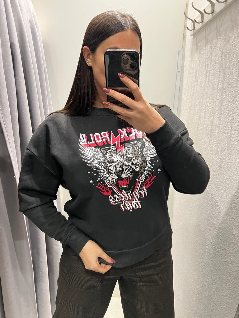 BLK30 HaveOne•Felpa garzata nera stampa leo Rock Roll