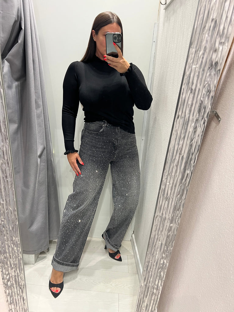 KONTATTO•Jeans worker nero slavato strass