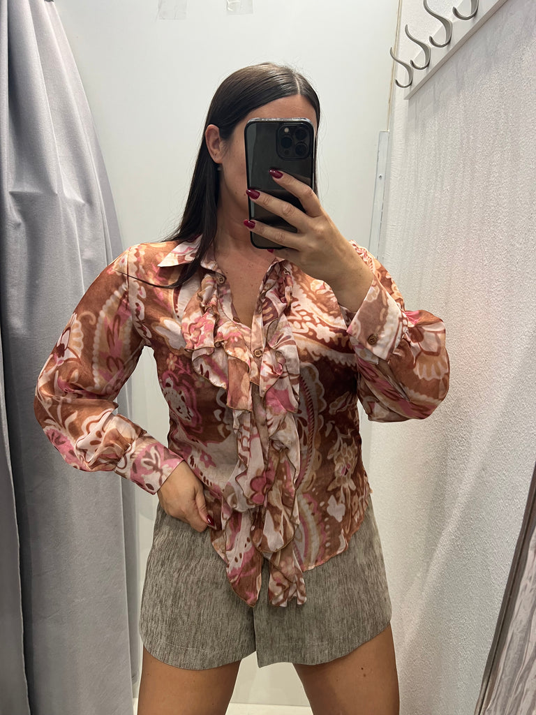 KONTATTO•Camicia rouches fantasia beige/malva