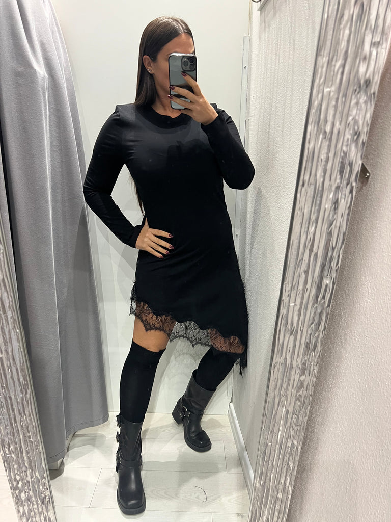 LUMINA•Abitino asimmetrico con pizzo e spacco•Nero