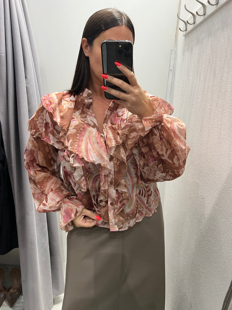 KONTATTO•Camicia rouches fantasia beige/malva