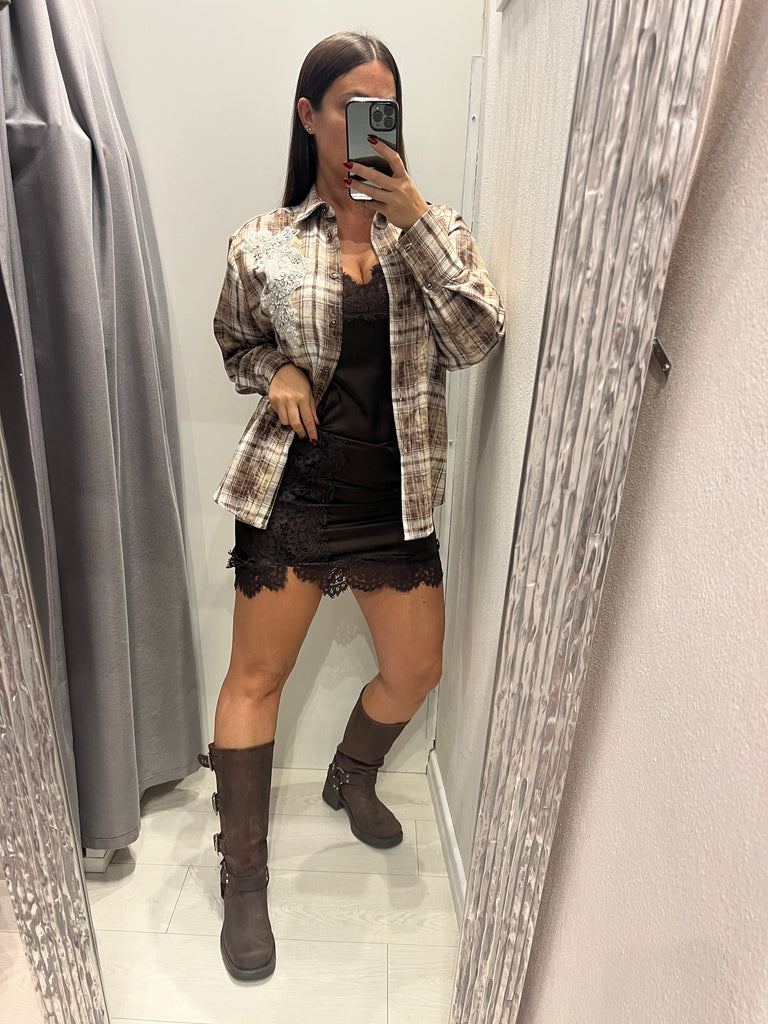 HaveOne•Camicia check in flanella beige/moro cabochon strass