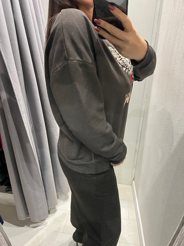 BLK30 HaveOne•Felpa garzata moro stampa aquila Mystic Hawk