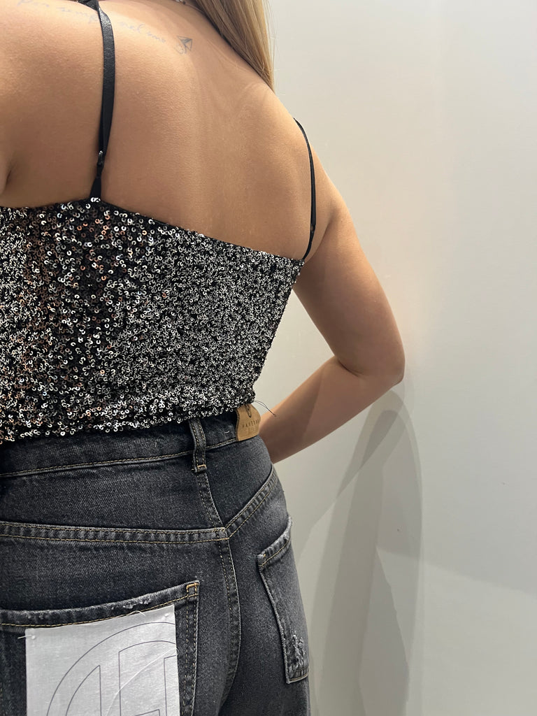 KONTATTO•Top bustino paillettes argento spallini regolabili