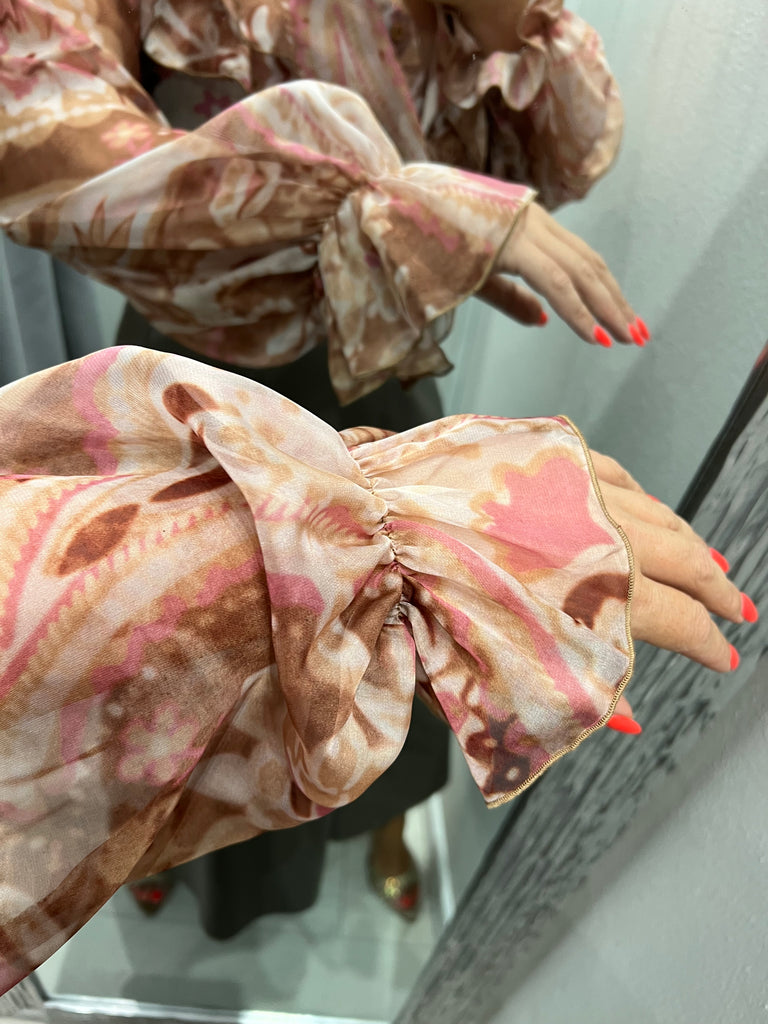 KONTATTO•Camicia rouches fantasia beige/malva